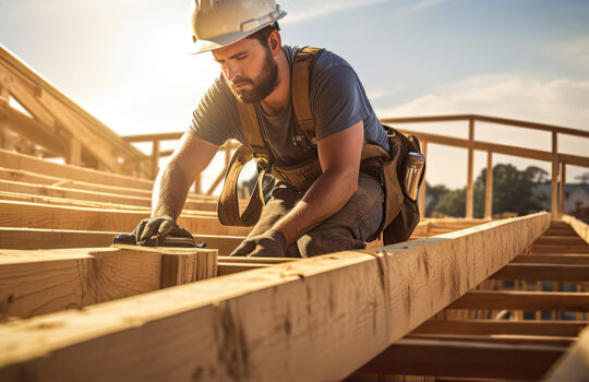 Roof worker or carpenter building a wood structure house constru